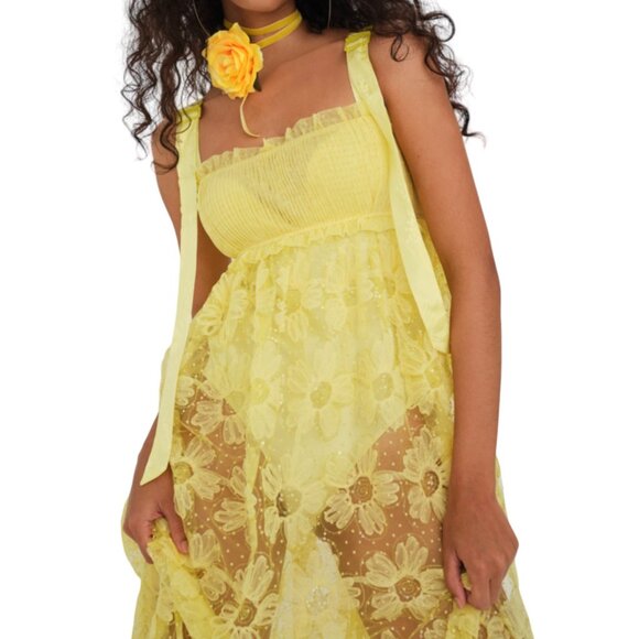 For Love and Lemons Emma Floral Sheer Maxi Dress Yellow Size Small NWT - Picture 3 of 8